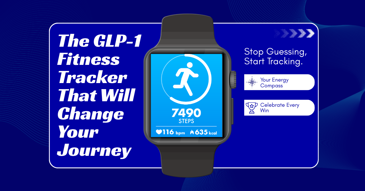 A featured image with a deep blue background featuring subtle wave patterns. A large blue rectangular box with a white border contains the main content. On the left side of this box, the title "The GLP-1 Fitness Tracker That Will Change Your Journey" is written in bold white text, stacked. In the center, a dark gray smartwatch with a bright blue screen displays a circular activity icon, "7490 STEPS," a heart rate of "116 bpm," and "635 kcal." To the right of the smartwatch, two bullet points are listed on white ovals: "Stop Guessing, Start Tracking," "Your Energy Compass" (with a compass icon), and "Celebrate Every Win" (with a trophy icon).