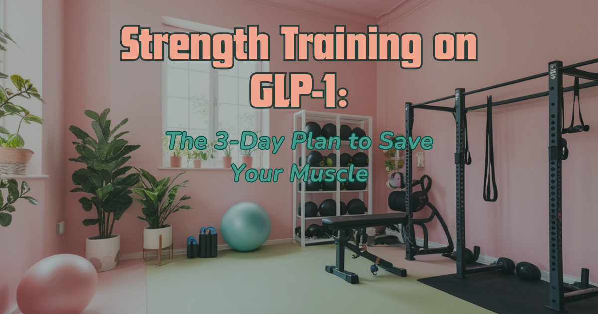 A bright, plant-filled home gym with pink walls, dumbbells, a kettlebell rack, and a bench press, overlaid with the text "Strength Training on GLP-1: The 3-Day Plan to Save Your Muscle"